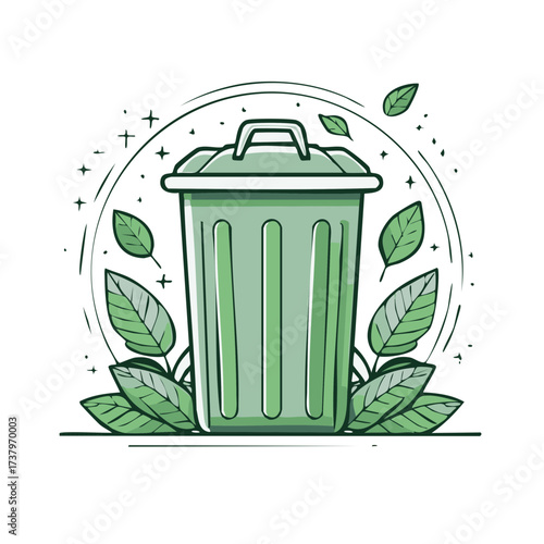 Green trash bin with leaves, sustainable waste management concept illustration