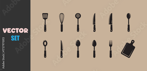 Collection of kitchen utensil silhouettes on a beige background