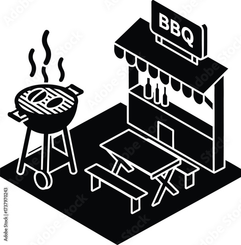 Isometric bbq grill and food stand illustration
