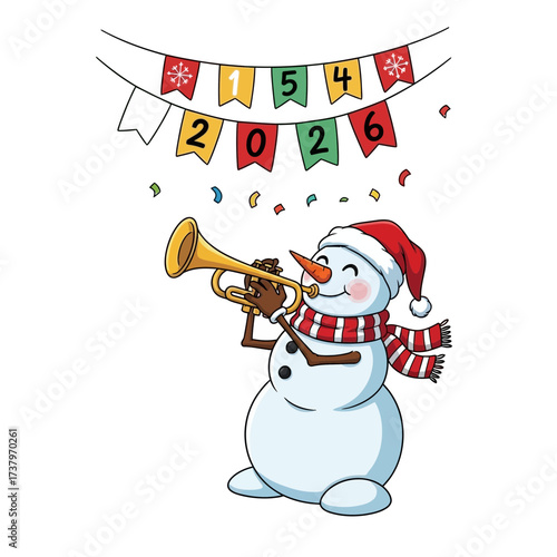 Festive snowman in Santa hat and scarf plays trumpet with falling confetti with number banners 2026 above winter holiday celebration music cheerful character