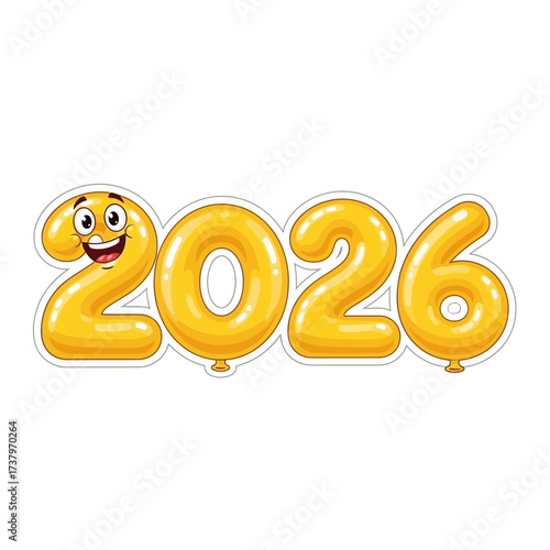 Whimsical cartoon numbers 2026 shaped like inflatable balloons with a smiling face year celebration event happy joyful graphic design element illustration