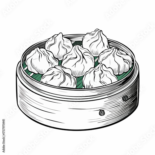 Illustration of a bamboo steamer filled with delicious, freshly steamed dumplings, ready to eat.