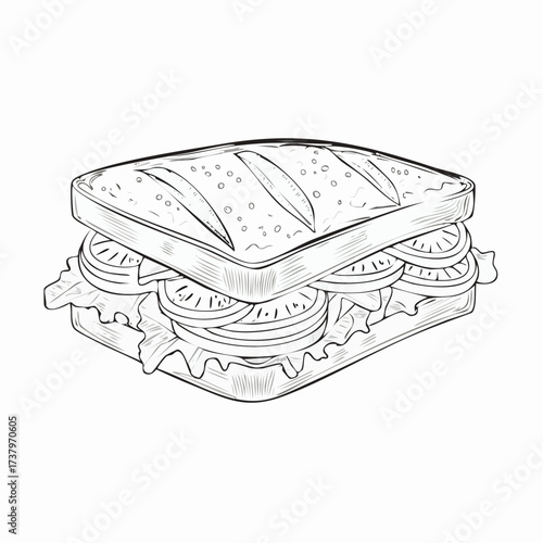 Detailed line art drawing of a fresh sandwich with lettuce and tomato slices between two slices of bread, presented in a simple monochrome style.