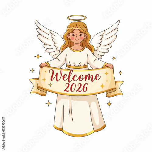 A friendly blonde angel with white wings and a golden halo holds a banner that reads 'Welcome 2026' surrounded by sparkling stars Female Illustration Character