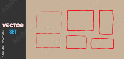 Hand drawn red square frames and borders on kraft paper background