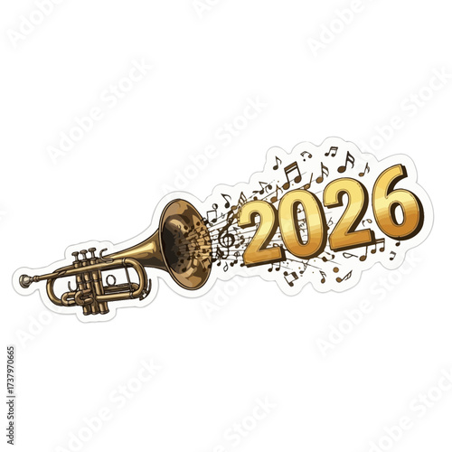 A golden trumpet emits a cascade of musical notes and the numbers 2026 symbolizing a year of musical celebration and new beginnings brass instrument sound