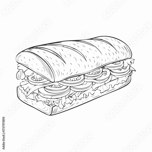 A detailed black and white line art illustration of a submarine sandwich filled with fresh lettuce and tomato slices.