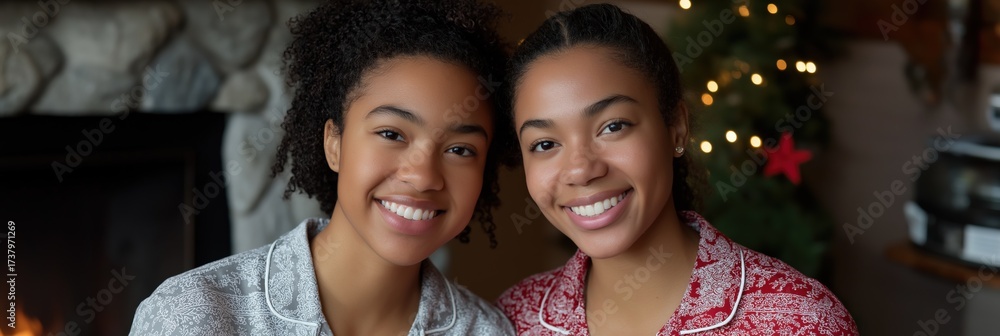 Obraz premium Two young african female adults smiling in front of christmas tree