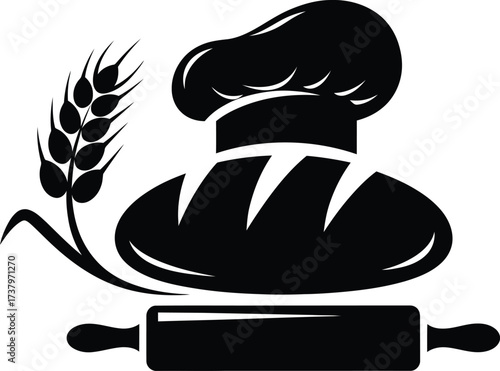 Bakery logo with bread chef hat wheat and rolling pin