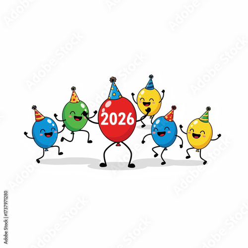 Group of six cartoon balloons wearing party hats one red balloon displays the year 2026 celebration new year happy festive cheerful fun illustration graphic