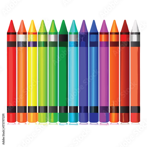 Rainbow colored crayons lined up in a row on white background vector illustration
