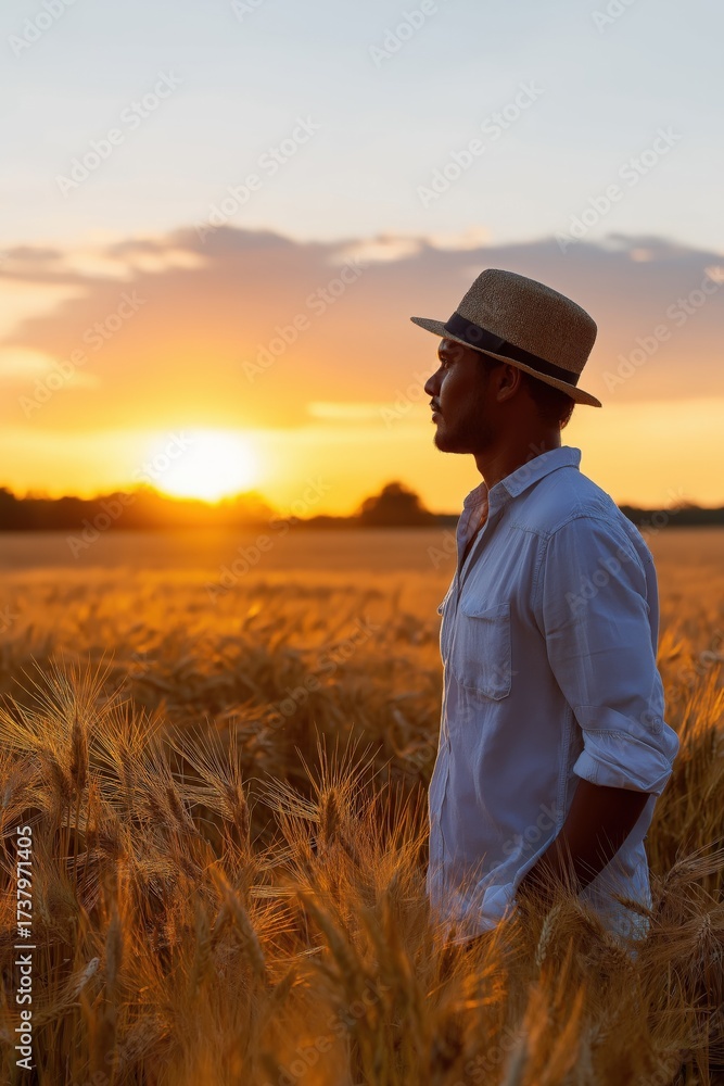 Fototapeta premium Young african male in wheat field at sunset wearing hat and white shirt