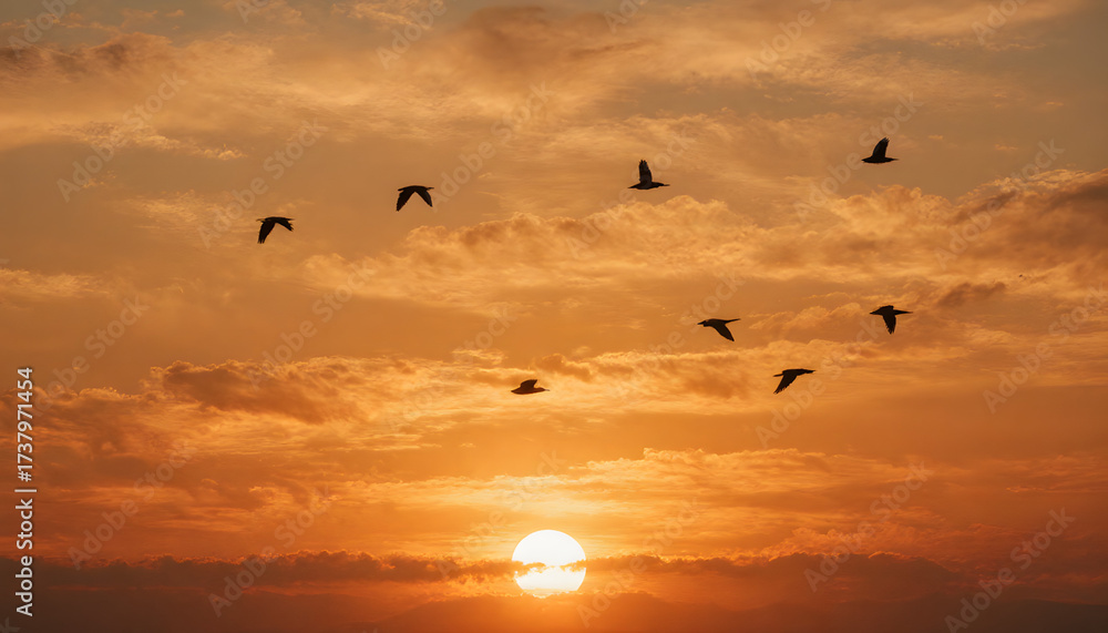 Obraz premium Flock of birds flying across sunset sky during bird migration 