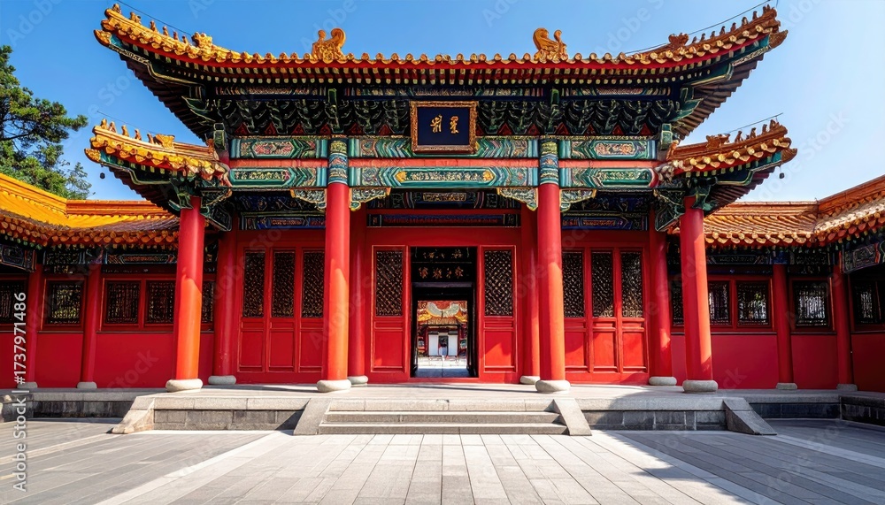 Fototapeta premium Elaborate Red Temple with Intricate Carvings and Ornate Roof in Soft Daylight with Stone Pavement Against Clear Blue Sky Architectural Detail