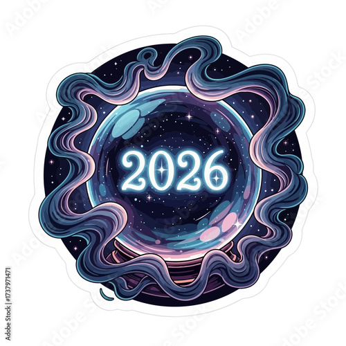 A glowing crystal ball displaying the year 2026 with swirling cosmic smoke and stars set against a dark starry background future prophecy fortune magic