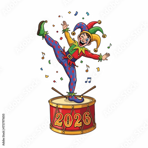 A joyful jester performs a dynamic leg kick while standing on a drum adorned with the year 2026 surrounded by festive confetti and musical notes clown