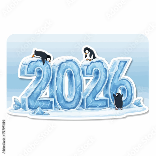 Ice numbers 2026 with penguins on top and around creating a wintery scene on a light blue background Snow Cold Arctic Antarctica Animals Wildlife Cute