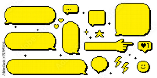 Y2k pixel retro yellow speech bubbles with 3d effect. 8bit digital vector elements. Chat boxes, long arm, forefinger pointing icon, smile face emoticon for text messaging, game interface, social media