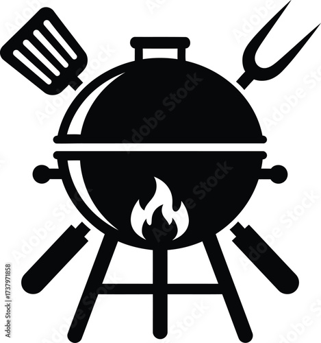 Black silhouette of a barbecue grill with utensils and flames