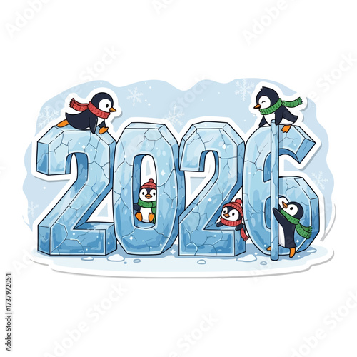 Adorable cartoon penguins wearing scarves and hats interact with large icy numbers forming the year 2026 against a light blue snowflake background ice