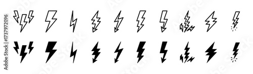Lightning bolt icon set. Thunderbolt symbol. Electric power energy logo. Flash light sign. Vector illustration.