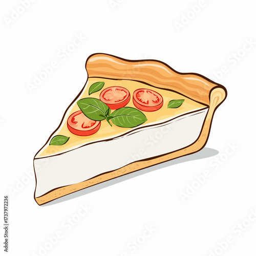 A delicious slice of tomato and basil quiche with a flaky golden crust, presented on a white background.