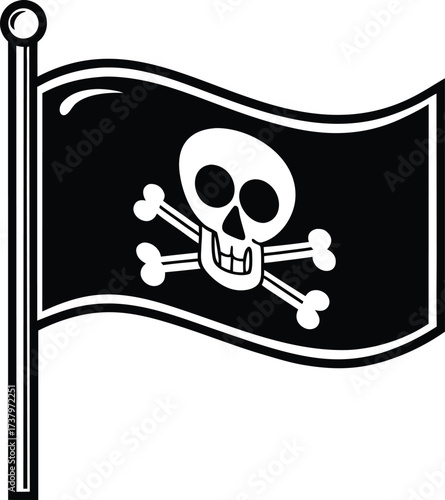 Vector art of a black and white pirate flag with a skull and crossbones