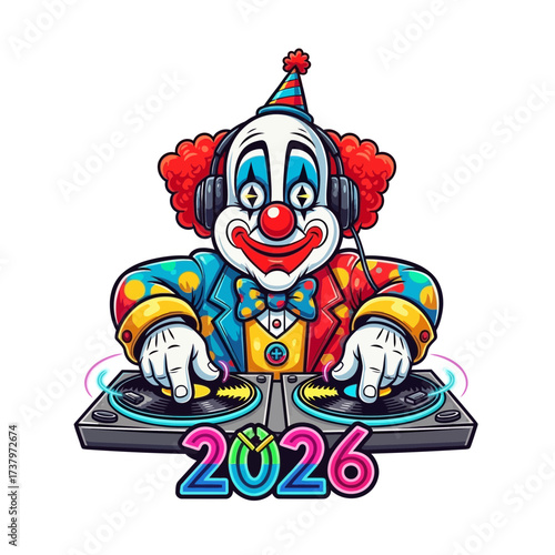 Colorful clown wearing headphones and a party hat operates a DJ turntable setup with the year 2026 displayed in bright neon lettering Music Entertainment