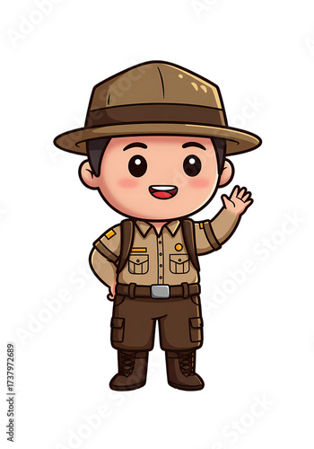 Cute Cartoon Park Ranger Character Waving png clear alpha channel cutout isolated on transparent background