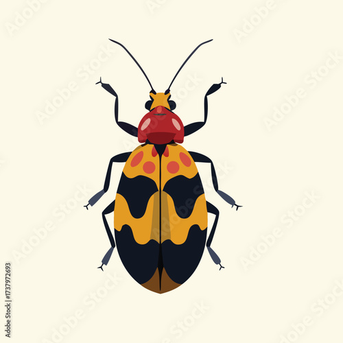Flat illustration of a spotted beetle with yellow black and red markings vector illustration