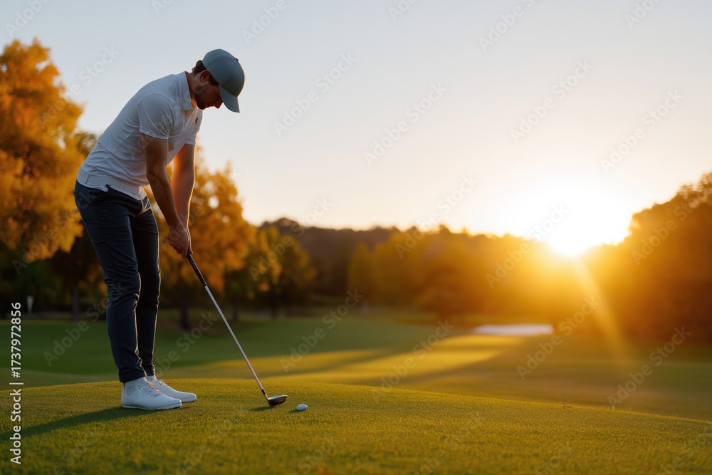 Fototapeta premium Young caucasian male golfer playing at sunset on scenic golf course