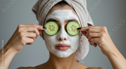 Modern Wellness: Central Woman in Clay Mask, Bold Cucumber Eyes, and Contrasting Details
