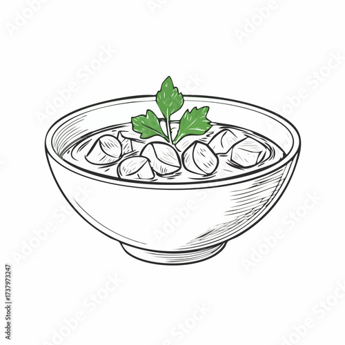 Hand-drawn sketch of a bowl of hearty stew with chunky ingredients and a fresh parsley garnish, served in a simple ceramic bowl.