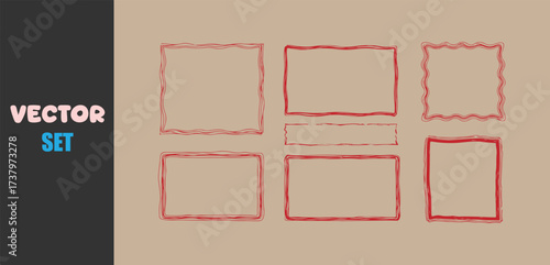 Hand drawn red square and rectangle frames on kraft paper background vector set