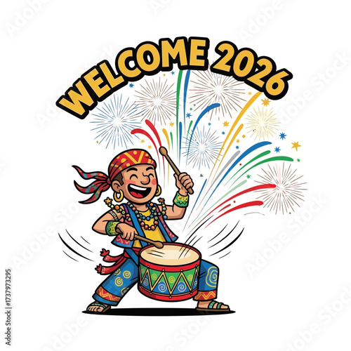 Cheerful person in traditional attire joyfully plays drum with fireworks and the text WELCOME 2026 in background New Year Celebration Music Ethnic Cultural