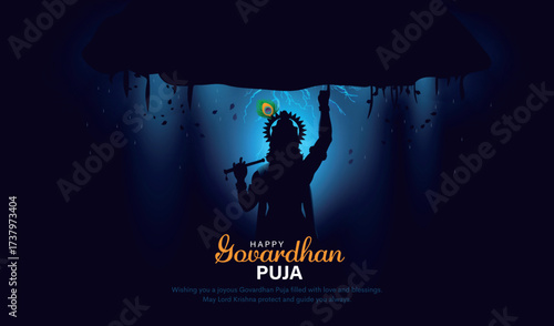 Indian religious festival happy Govardhan Puja Hindu festival Greeting background with Silhouette illustration of Lord Krishna lifting hill.