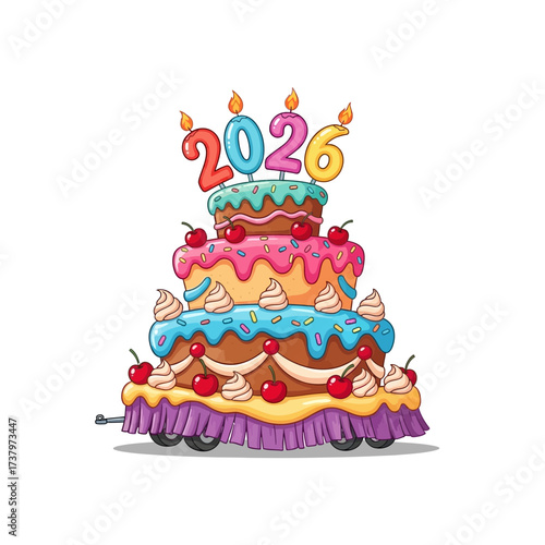 A festive three tiered cake decorated with colorful frosting sprinkles cherries and piped cream topped with lit candles forming the number 2026 birthday