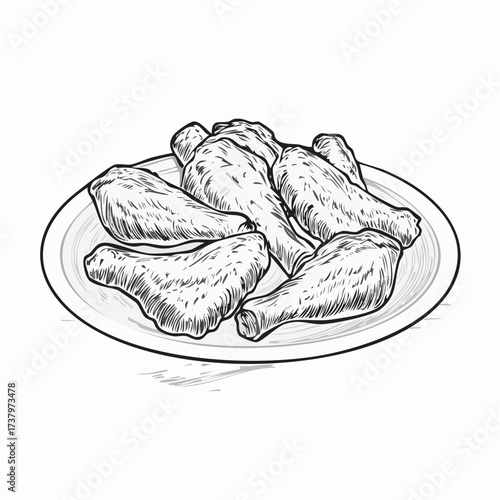 Hand-drawn sketch of a plate of chicken drumsticks or wings, ready to eat, in a monochrome style.