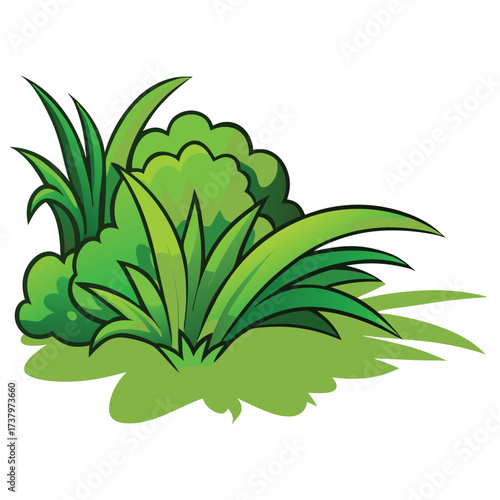 Green cartoon grass bush with shadow and white background vector illustration plant
