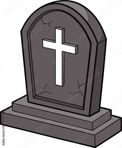 Vector art of a cartoon illustration of a tombstone with a cross on it, isolated on a
