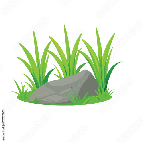 Gray rock nestled among vibrant green grass blades vector illustration stone grey