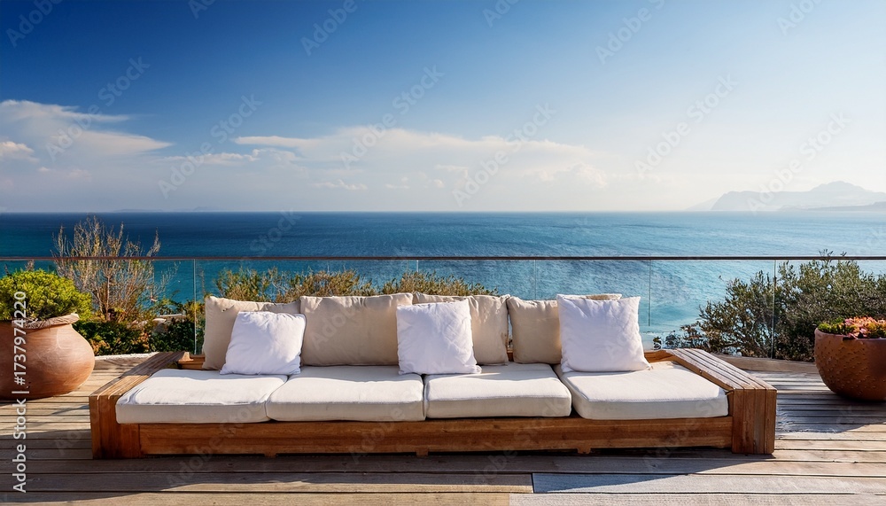 Fototapeta premium outdoor wooden couch with white cushions on a patio overlooking the sea