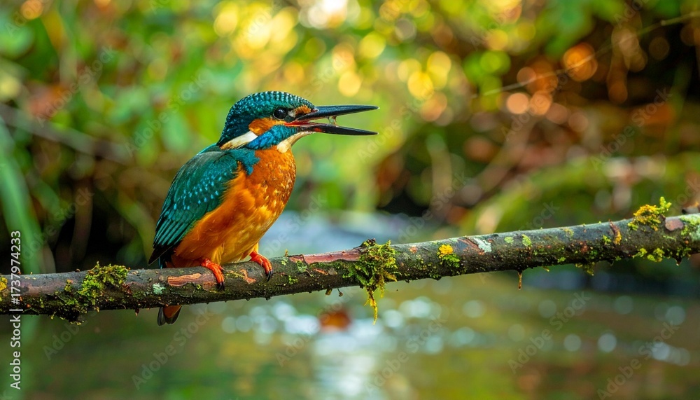 Fototapeta premium Stunning kingfisher perched on mossy branch, a vibrant wildlife scene perfect for nature enthusiasts and bird lovers, capturing the beauty and detail of this colorful bird in its natural habitat