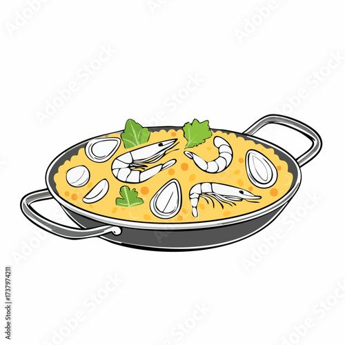 A vibrant cartoon illustration of a traditional Spanish seafood paella, served in a classic pan with shrimp, clams, and fresh herbs.