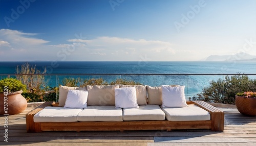 Wallpaper Mural outdoor wooden couch with white cushions on a patio overlooking the sea Torontodigital.ca