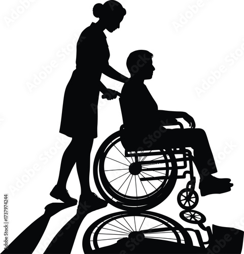 Nurse Assists Patient In Wheelchair Silhouette and Reflection Vector Illustration