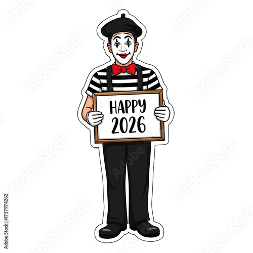Mime in classic costume with white face makeup and red bow tie holds sign reading 'Happy 2026' with transparent background celebration new year year holiday