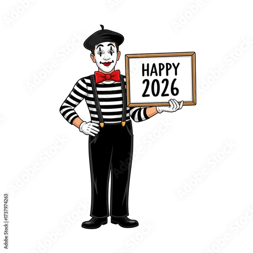 Mime performer in traditional costume wearing black beret and striped shirt holding a sign with HAPPY 2026 artist entertainer new year celebration festival