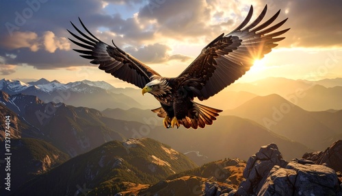 Wallpaper Mural Stunning golden eagle soaring above majestic mountains at sunset, symbolizing freedom and power in a vibrant landscape, perfect for travel and adventure themes, inspiring awe and wonder Torontodigital.ca