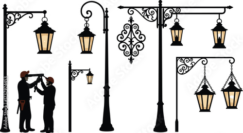 Vintage decorative street lamp post vector silhouettes with workers installing glowing lanterns for retro urban lighting, architectural design, and city decor.